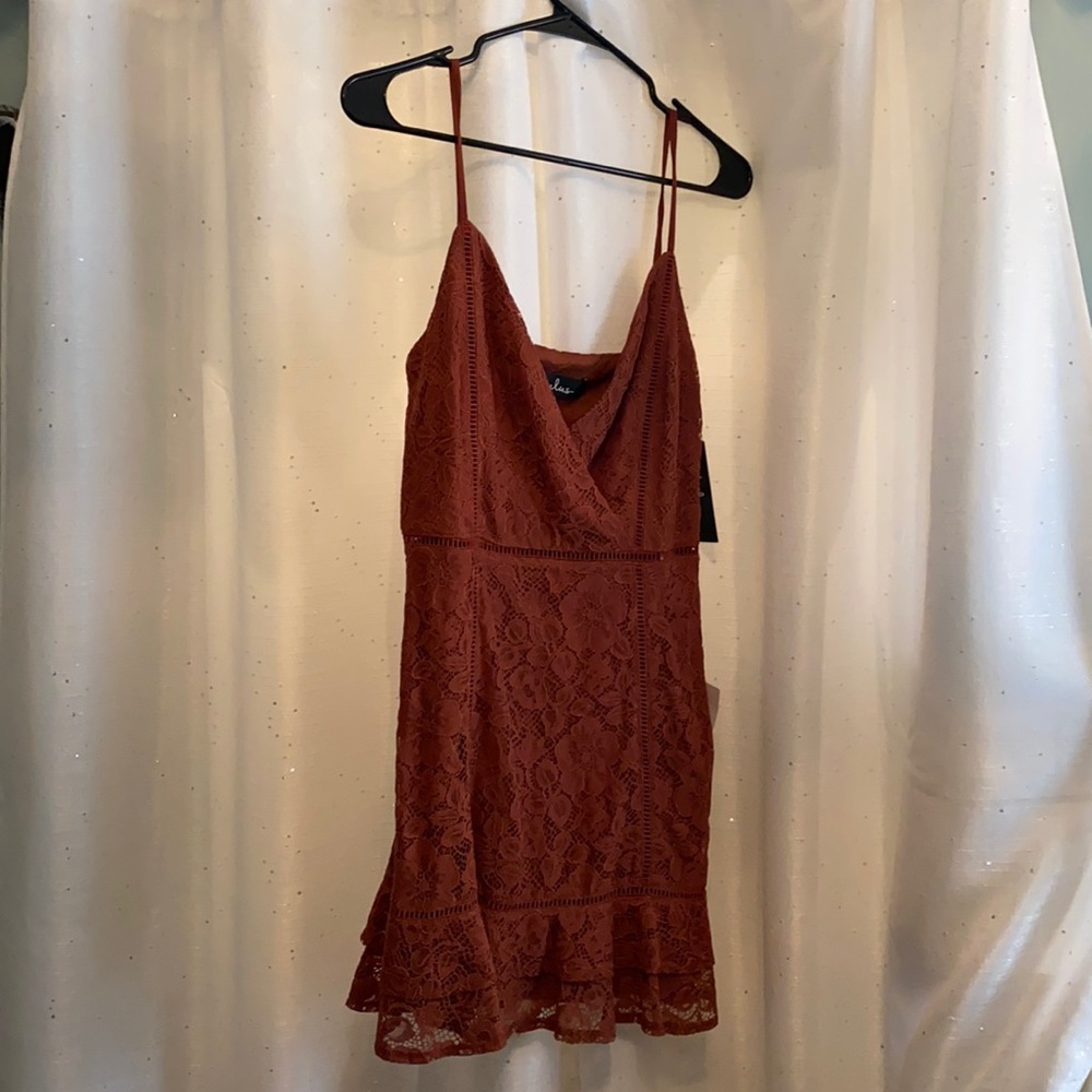 Lulus Light Brown Lace Ruffle Mini Dress
